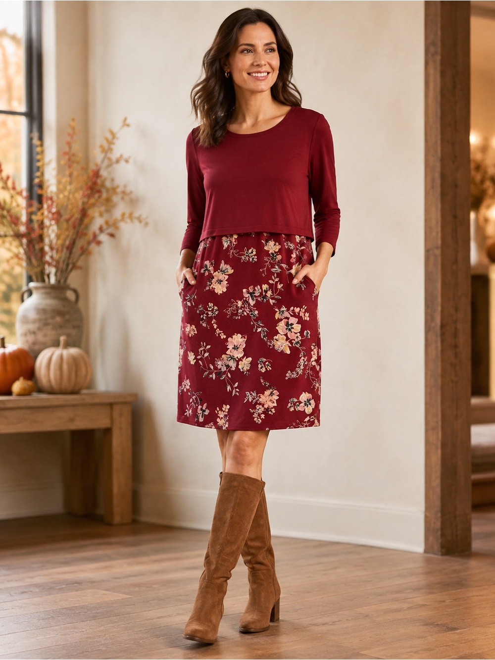 J.Jill Burgundy Floral Layered Look Pocket Dress Size Medium